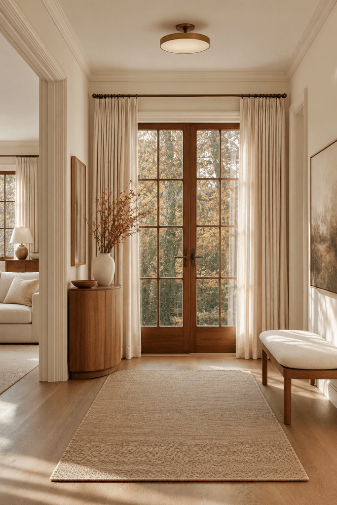 Organic Modern entryway with wood French doors, rounded walnut console, upholstered bench, neutral runner, and autumn foliage.