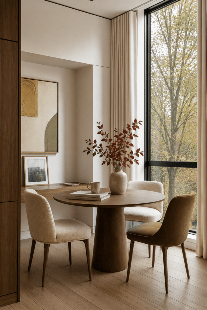 Organic Modern dining nook with round walnut table, upholstered chairs, burgundy autumn branches, personal artwork, and large window.