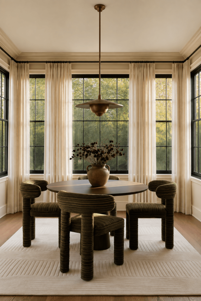 Organic Modern dining room with olive green upholstered chairs, walnut table, burgundy florals, ivory curtains, and early autumn foliage.