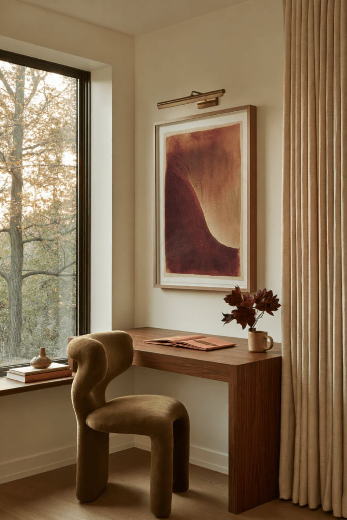 Warm journaling corner with walnut writing desk, olive upholstered chair, burgundy artwork, autumn florals, linen curtains, and open journal.