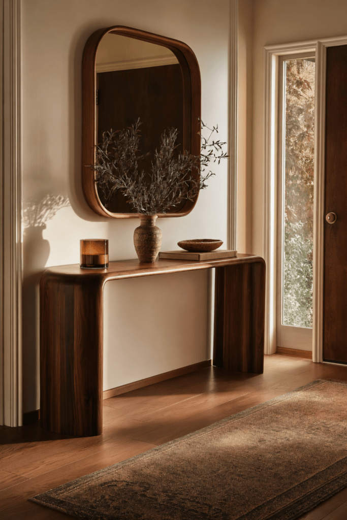 Warm Organic Modern entryway with walnut console, wood-framed mirror, amber candle, ceramic vase, and leafy branches.