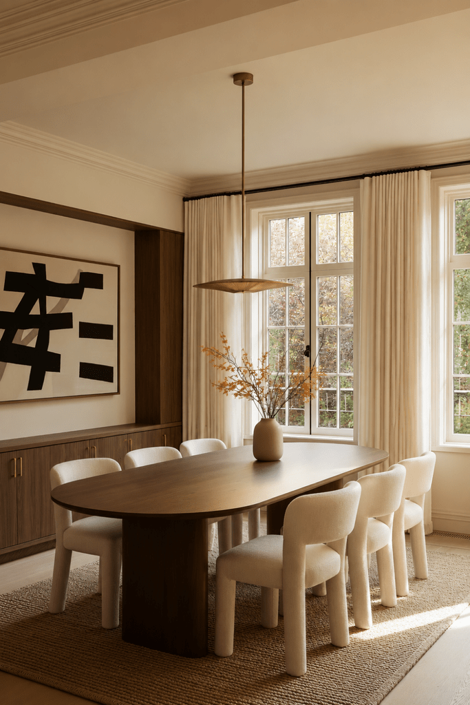 Organic Modern dining room with oval walnut table, cream upholstered chairs, built-in cabinetry, and autumn branches.