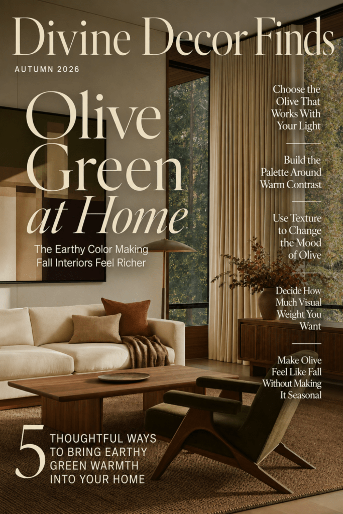 Divine Decor Finds Autumn 2026 magazine cover featuring an olive green Organic Modern living room and fall decorating tips.