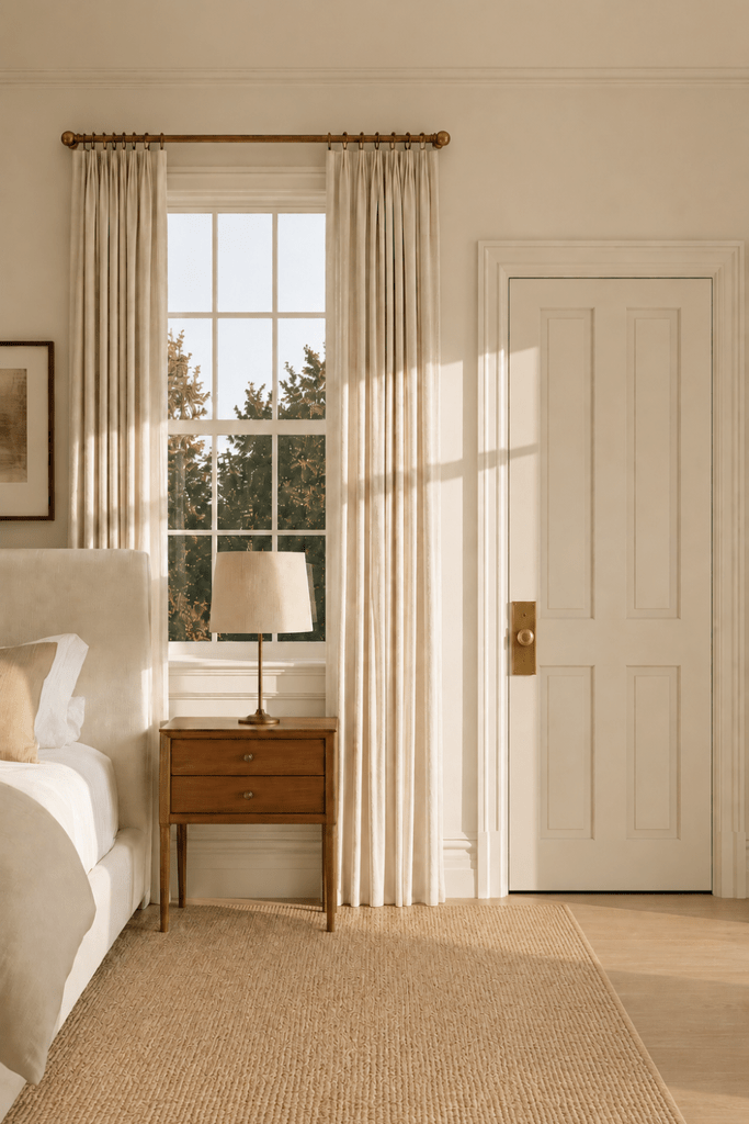 Neutral bedroom with walnut nightstand, brass lamp, floor-length linen curtains, paneled door, and textured area rug.