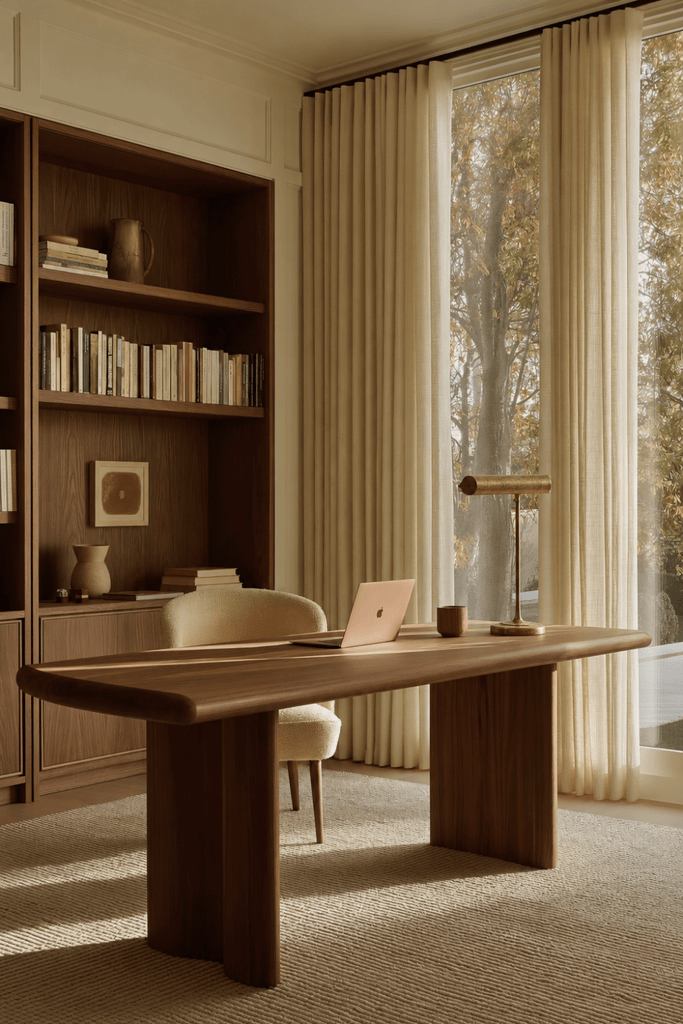 Warm home office with walnut desk, built-in bookcase, brass lamp, linen curtains, and edited shelf decor.