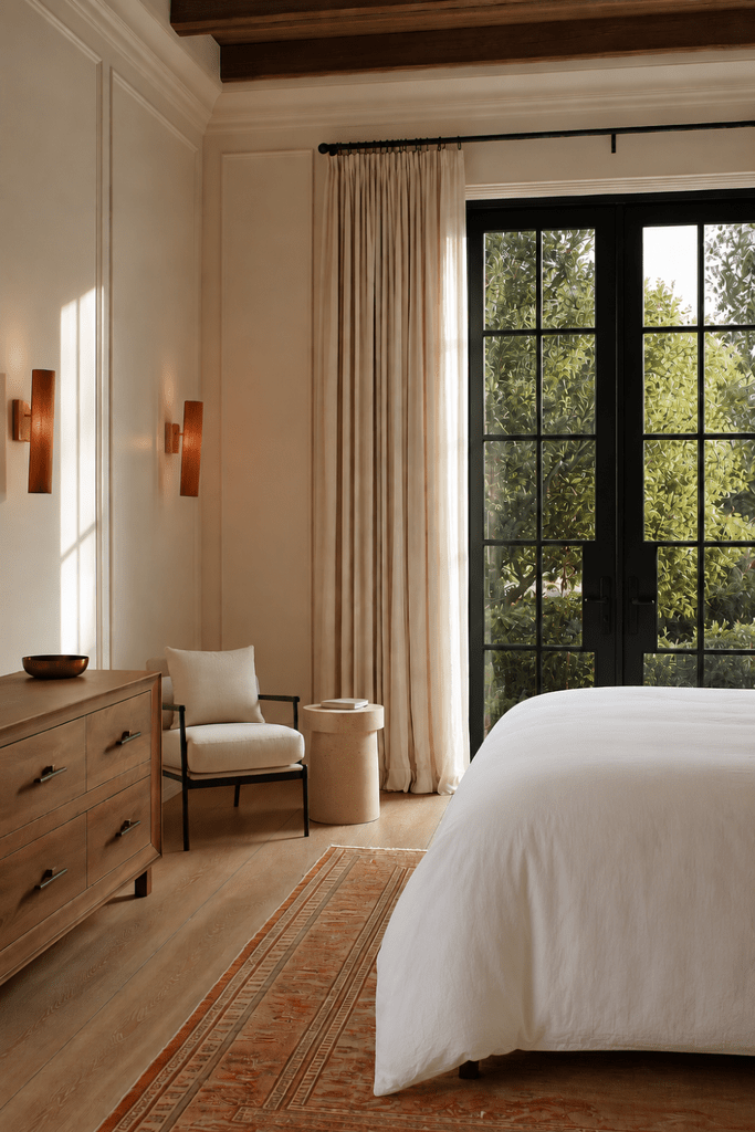 Warm bedroom with walnut dresser, upholstered chair, stone side table, black-framed French doors, linen curtains, and rust rug.