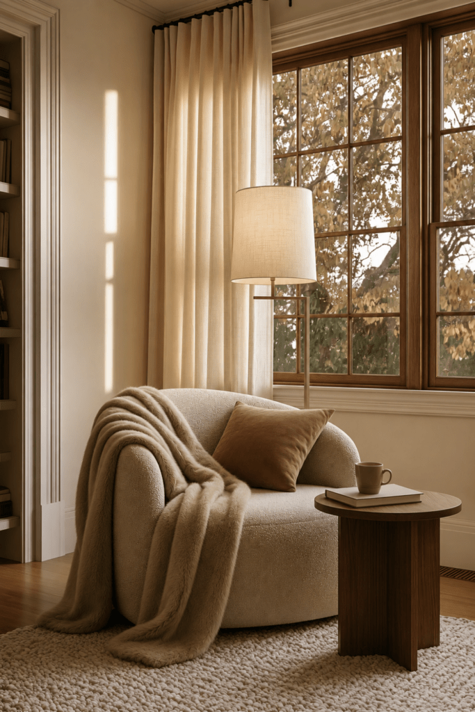 Organic Modern reading corner with a bouclé chair, camel pillow, plush throw blanket, wood side table, and autumn window view.