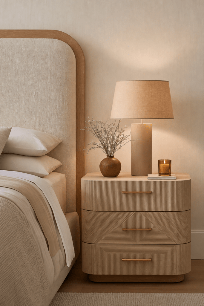 Organic Modern bedroom nightstand with upholstered headboard, brass-handled drawers, table lamp, ceramic vase, and lit amber candle.