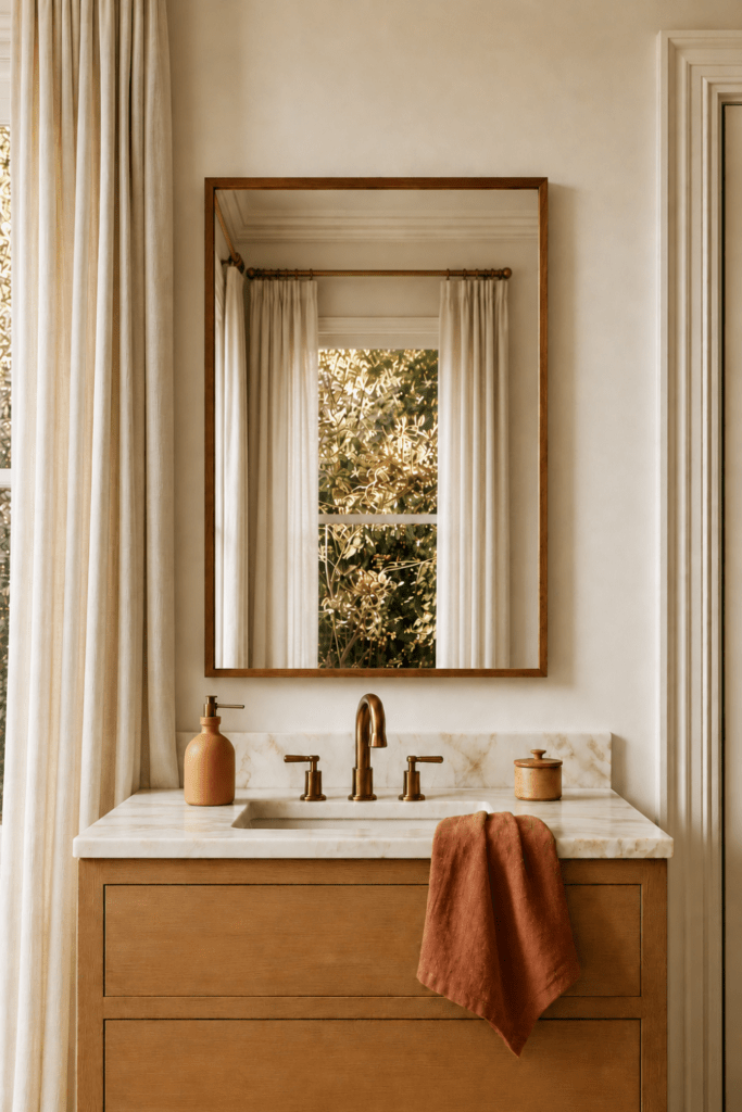 Organic Modern bathroom vanity with oak cabinetry, brass fixtures, marble countertop, rust hand towel, and linen curtains.