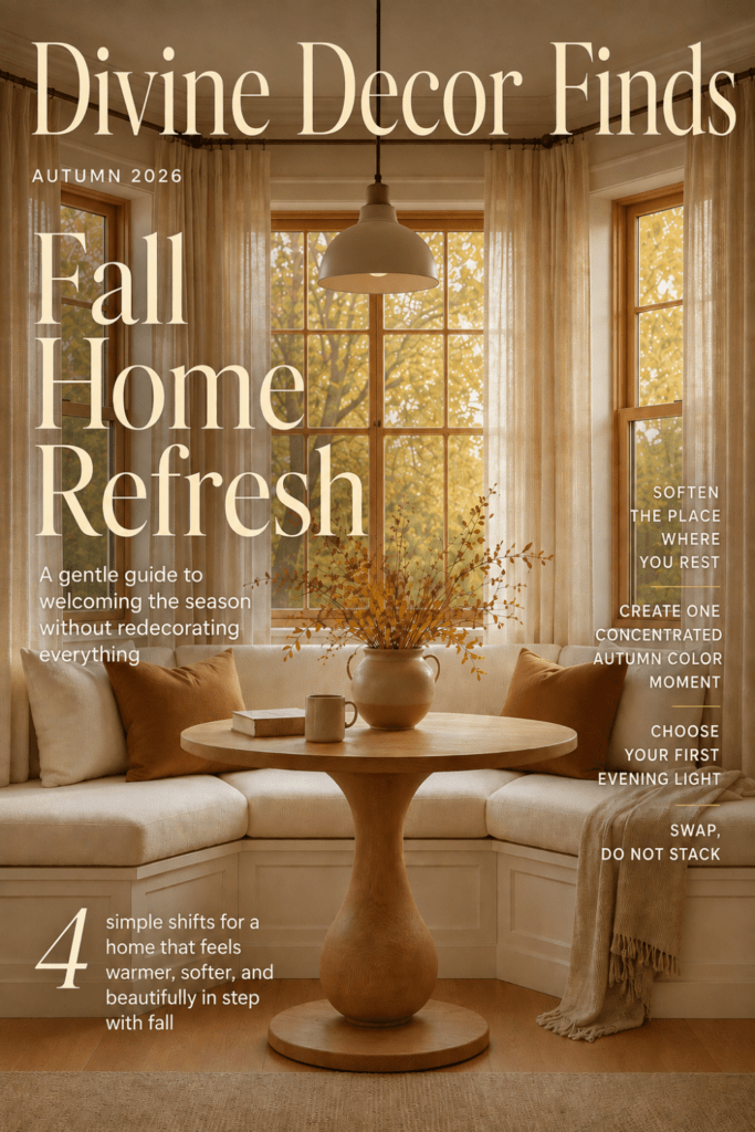 Divine Decor Finds Autumn 2026 magazine cover featuring a cozy fall dining nook and four simple seasonal home swaps.