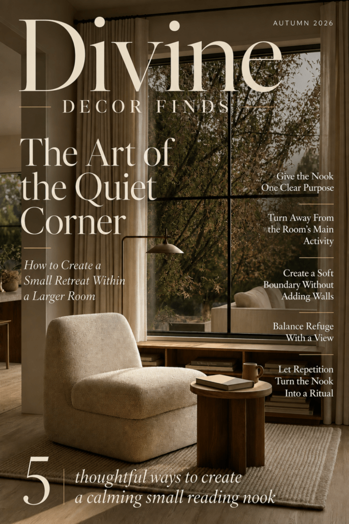 Divine Decor Finds Autumn 2026 magazine cover featuring a small reading nook with warm neutral decor and a large window.