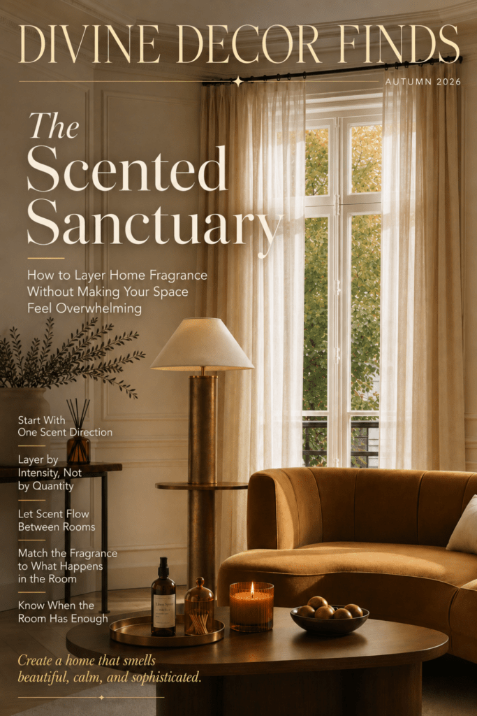 Divine Decor Finds Autumn 2026 magazine cover featuring a warm living room and The Scented Sanctuary home fragrance guide.