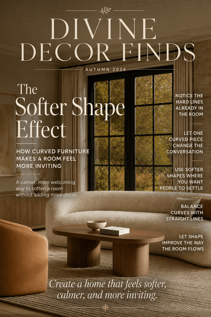 Divine Decor Finds Autumn 2026 magazine cover featuring a curved boucle sofa and The Softer Shape Effect.