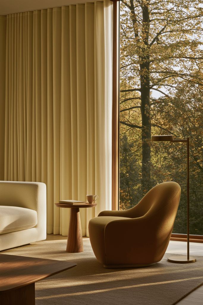 Warm living room reading nook with camel lounge chair angled toward a large window, floor lamp, side table, and autumn view.