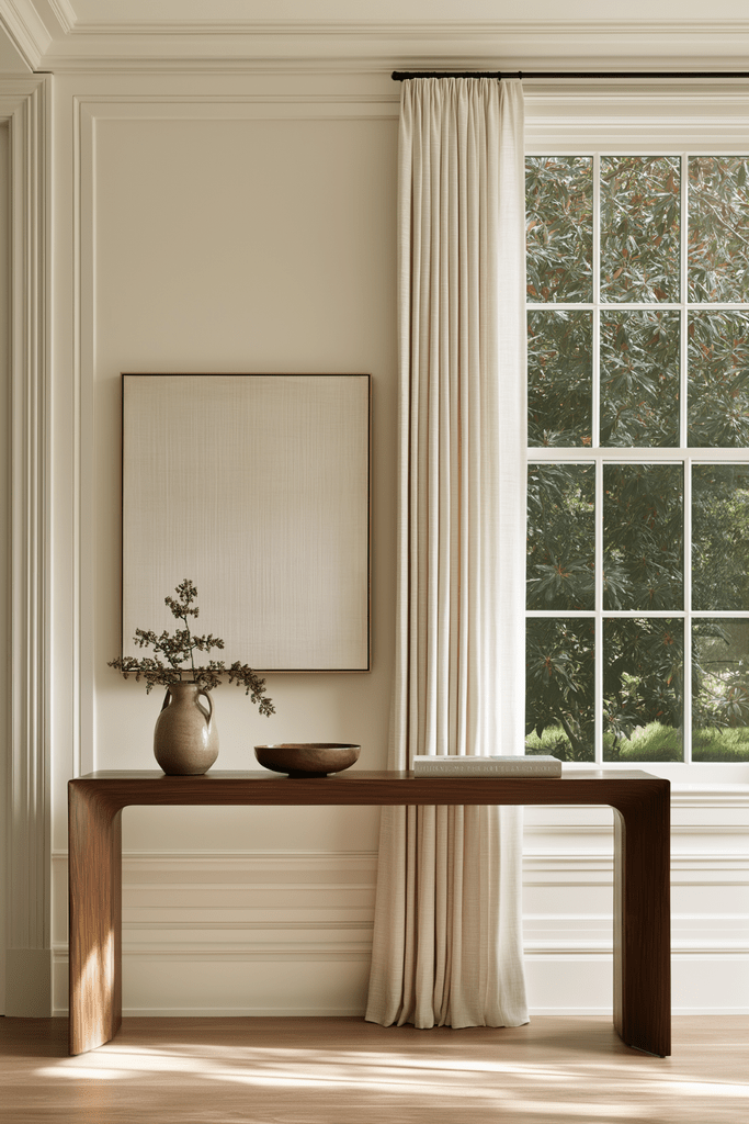 Minimal walnut console table with ceramic vase, brass bowl, neutral artwork, linen curtain, and large window.