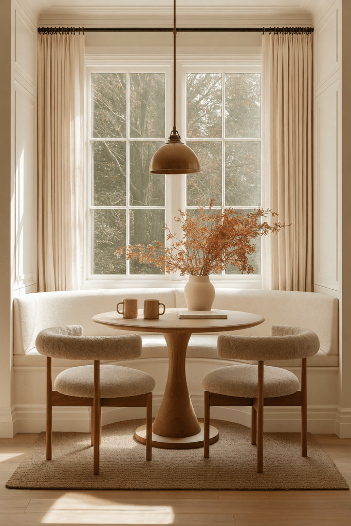 Cozy breakfast nook with curved banquette, round walnut table, upholstered chairs, ceramic mugs, and autumn branches.
