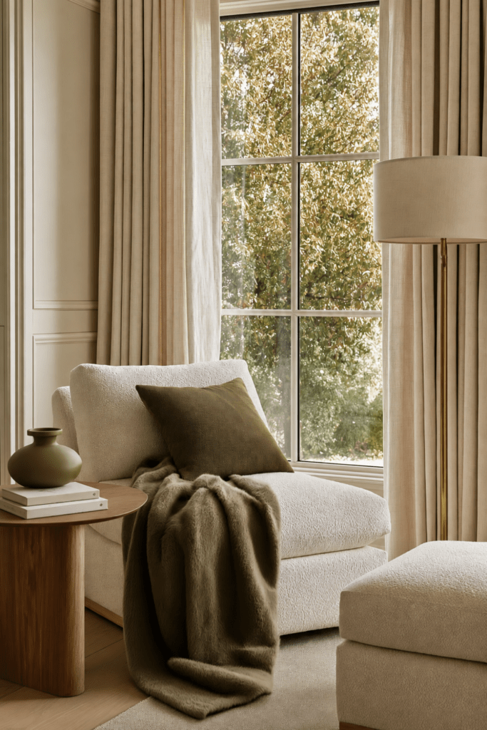 Cozy reading nook with olive green pillow and throw, ivory bouclé chair, walnut side table, linen curtains, and brass floor lamp.