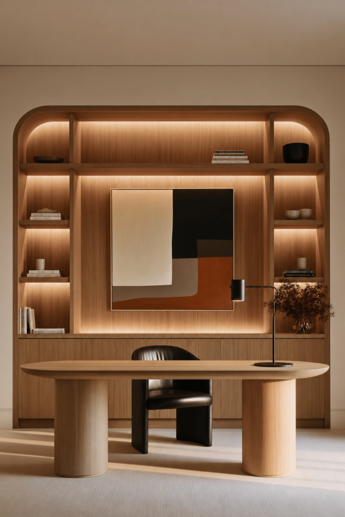 Warm Organic Modern home office with curved oak built-in shelving, abstract artwork, sculptural desk, and black leather chair.