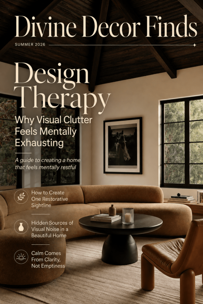 Divine Decor Finds Summer 2026 magazine cover featuring a warm Organic Modern living room and Design Therapy article about visual clutter.