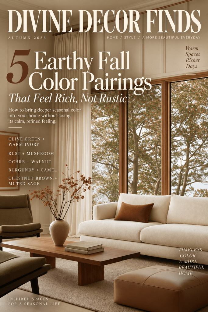 Magazine cover for 5 Earthy Fall Color Pairings featuring an Organic Modern living room in olive, rust, camel, ivory, and warm wood tones.