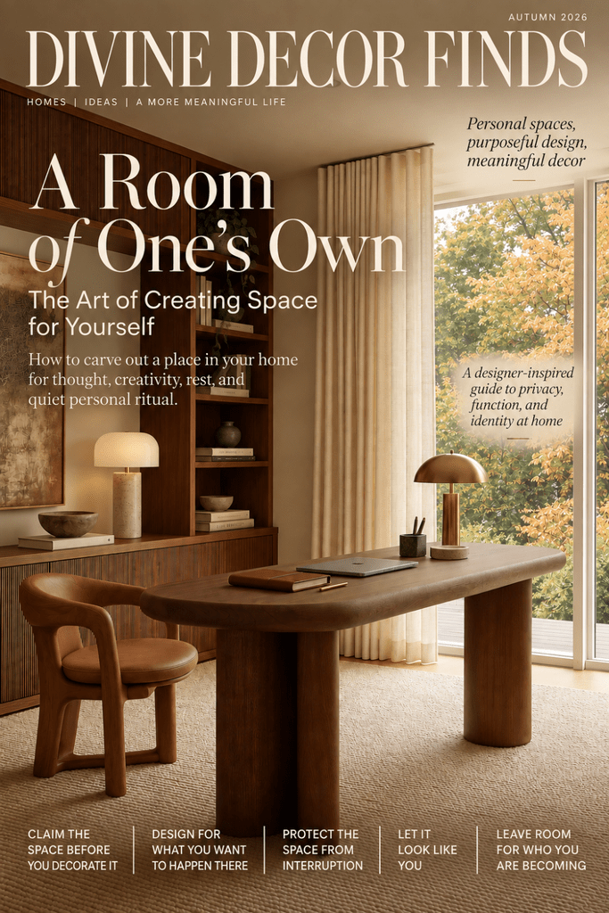 Magazine cover for A Room of One’s Own featuring a warm Mid-Century Modern home office with walnut furniture and autumn views.