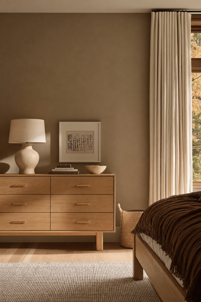Calm neutral bedroom with oak dresser, brass hardware, ceramic lamp, minimal artwork, woven basket, and uncluttered styling.