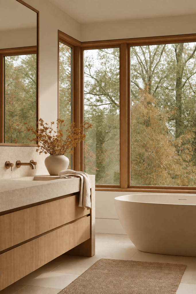 Organic Modern bathroom with wood vanity, stone sink, freestanding tub, ceramic vase, woven rug, and large windows overlooking autumn trees.