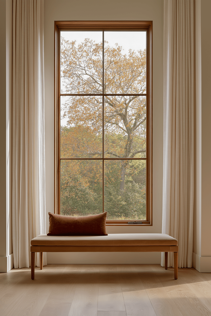 Minimal Organic Modern entryway with camel upholstered bench, burgundy lumbar pillow, ivory curtains, pale wood floor, and autumn view.