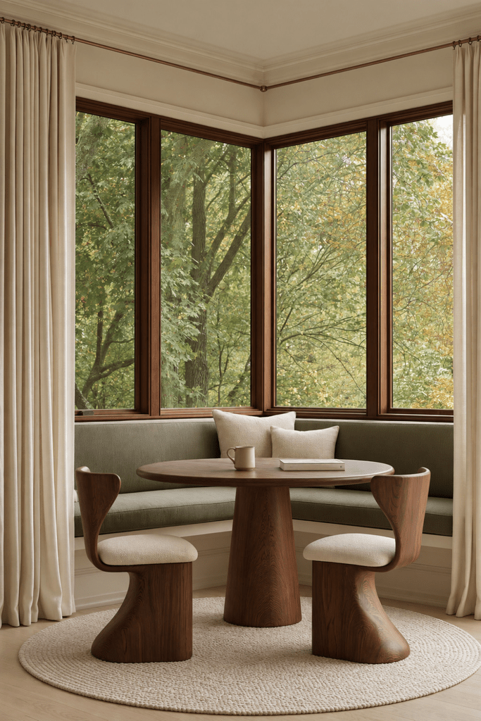 Organic Modern breakfast nook with chestnut wood table and chairs, muted sage banquette, ivory pillows, wool rug, and wooded autumn view.