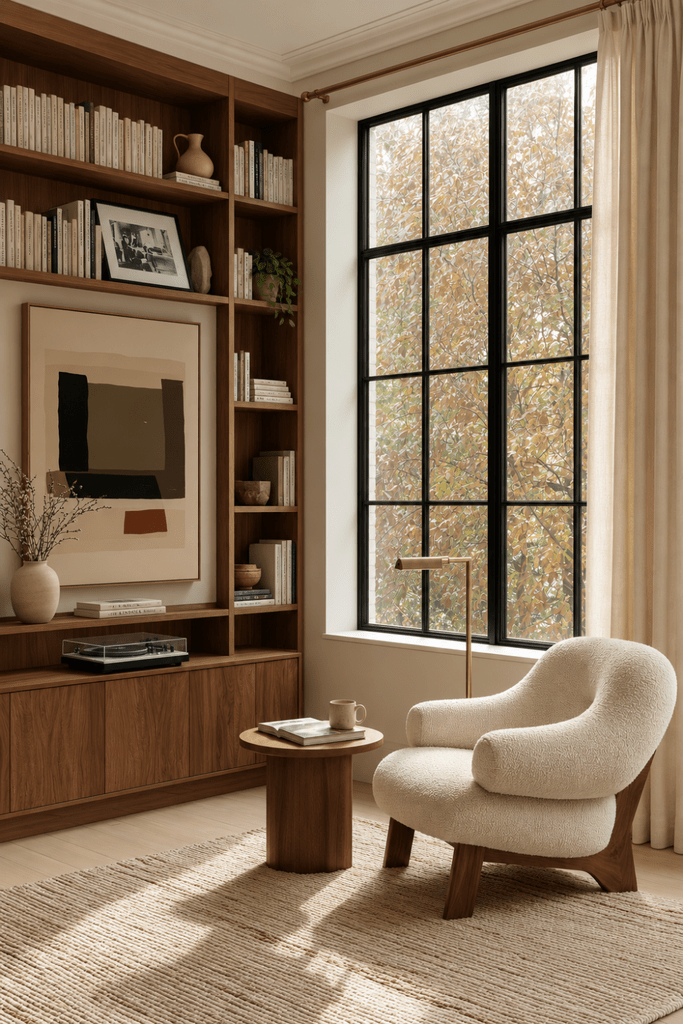 Walnut reading nook with built-in bookshelves, record player, cream boucle chair, brass lamp, and large black-framed window.