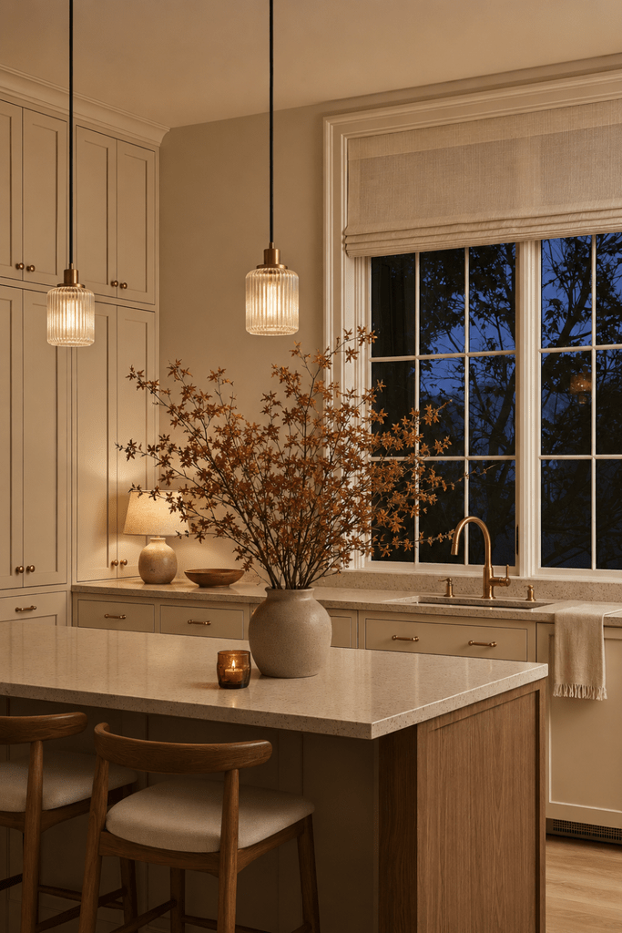 Organic Modern kitchen at blue hour with warm glass pendant lights, counter lamp, brass faucet, autumn branches, and amber candle.