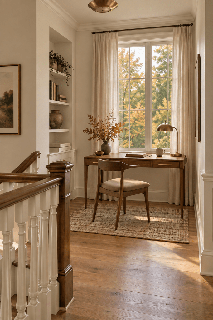 Small upstairs landing transformed into a writing nook with a walnut desk, upholstered chair, built-in shelves, and autumn window view.