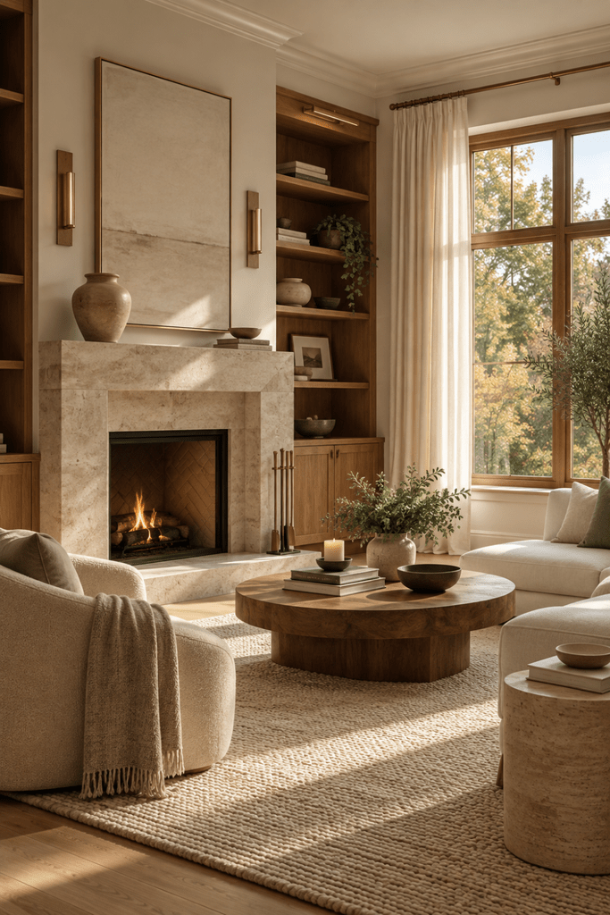 Organic Modern living room with limestone fireplace, walnut built-ins, boucle seating, wood coffee table, and textured wool rug.