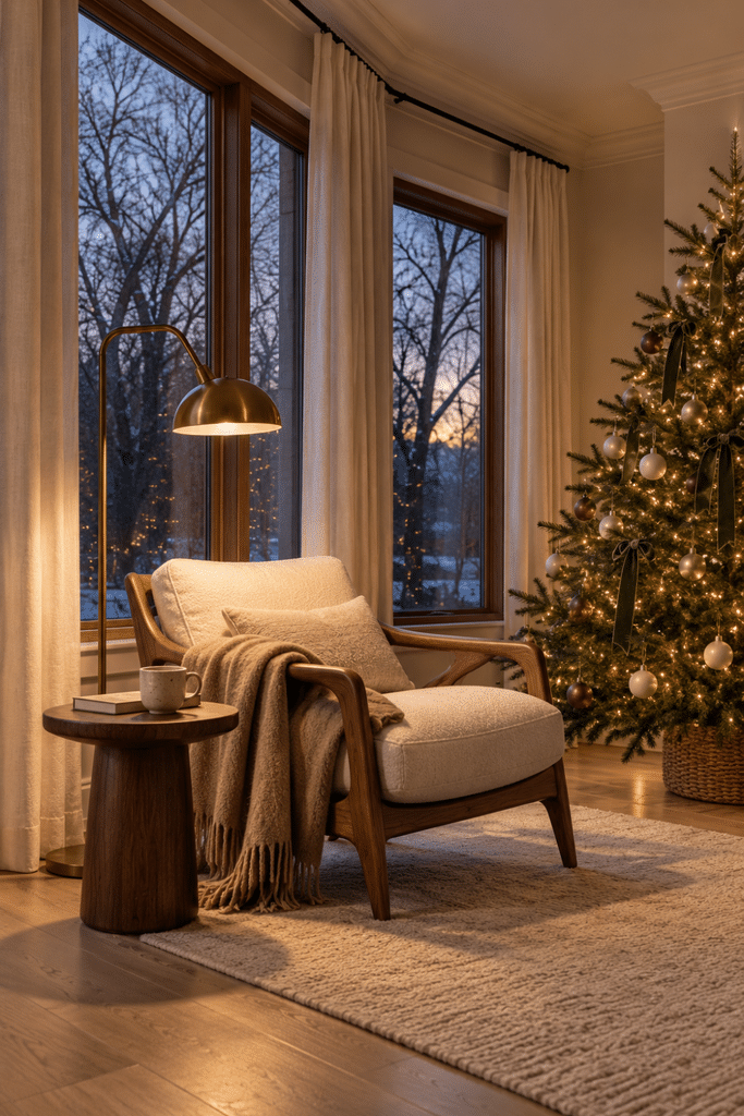 Cozy Japandi Christmas reading nook with a walnut lounge chair, brass floor lamp, warm throw blanket, and softly lit tree at dusk.