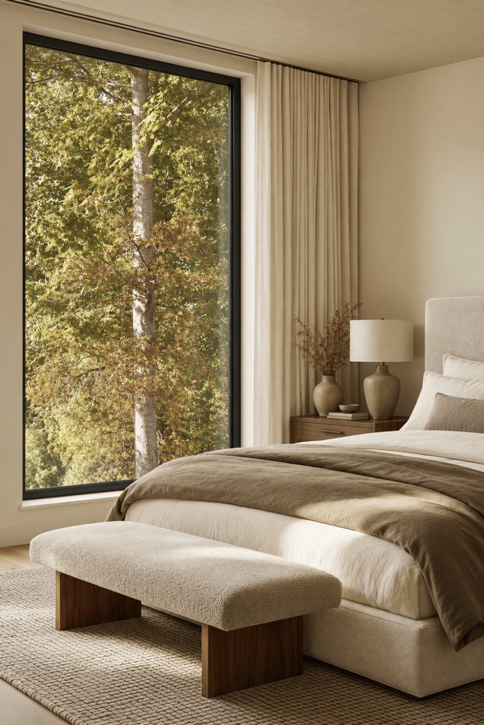 Organic Modern bedroom with linen bedding, olive comforter, boucle bench, wool rug, wood nightstand, and large picture window.