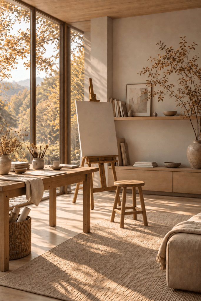 Japandi home art studio with a wooden easel, natural wood worktable, artist supplies, neutral rug, and floor-to-ceiling autumn windows.