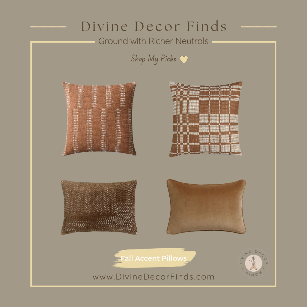 Divine Decor Finds shopping collage of four fall accent pillows featuring rust and ivory stripes, maple brown plaid, chocolate Sashiko stitching, and chestnut velvet.