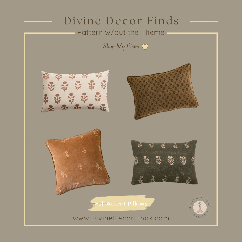 Divine Decor Finds shopping collage featuring four botanical-patterned fall accent pillows in rust, warm brown, ivory, and burnt green.