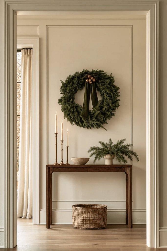 Elegant Christmas entryway with an evergreen wreath, olive velvet ribbon, walnut console, brass taper candles, and simple seasonal greenery.