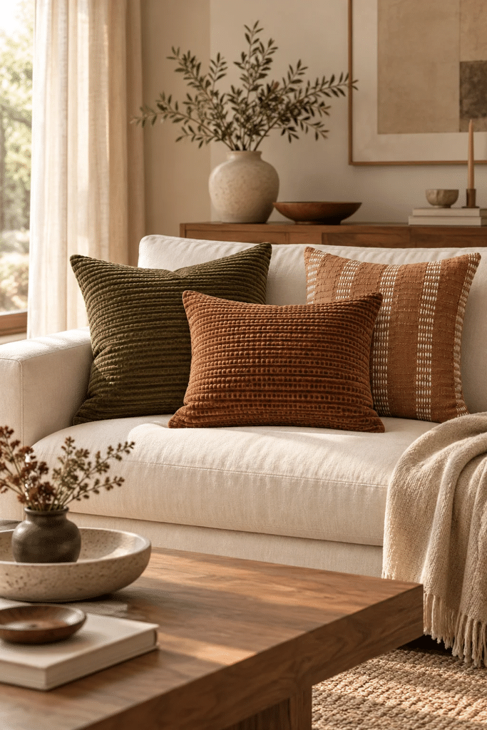 Japandi living room with an ivory sofa layered with olive green, rust, and brown textured accent pillows, a cream throw blanket, and warm wood furniture.