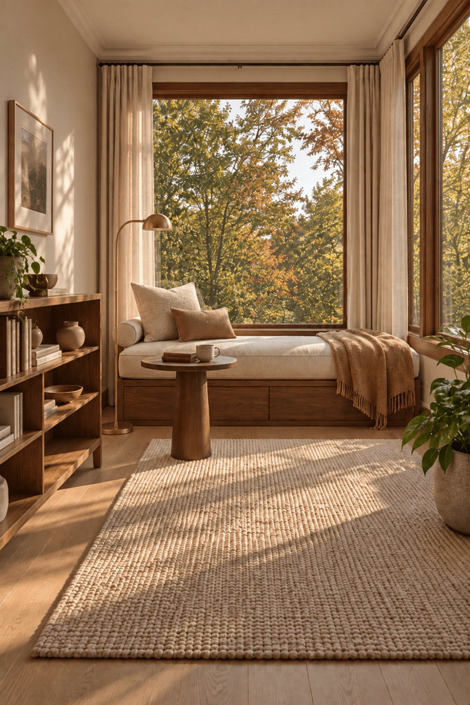 Japandi sunroom with a walnut daybed, open bookshelf, brass floor lamp, wool rug, and large windows overlooking early autumn trees.