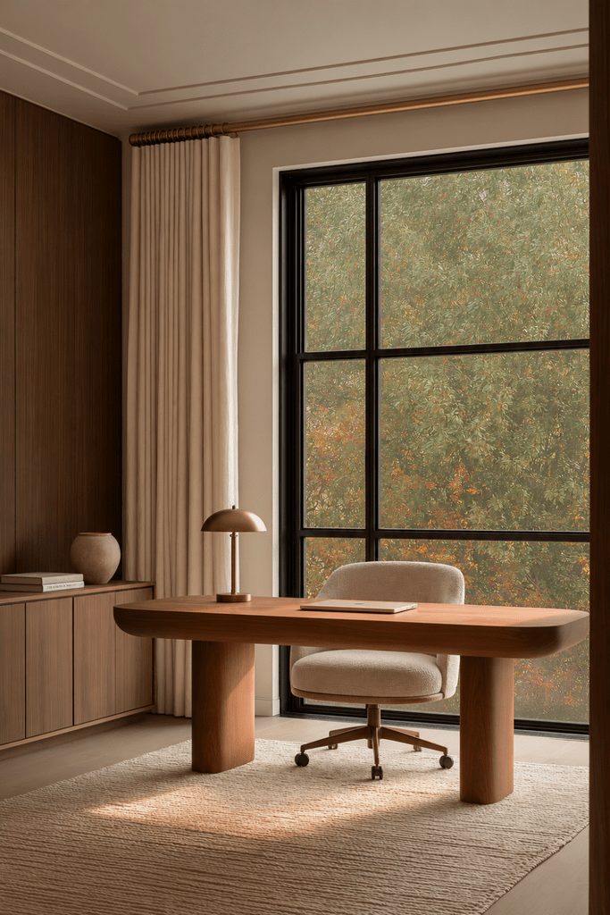 Minimal Japandi home office with walnut desk, cream office chair, brass lamp, black-framed window, and early autumn foliage.
