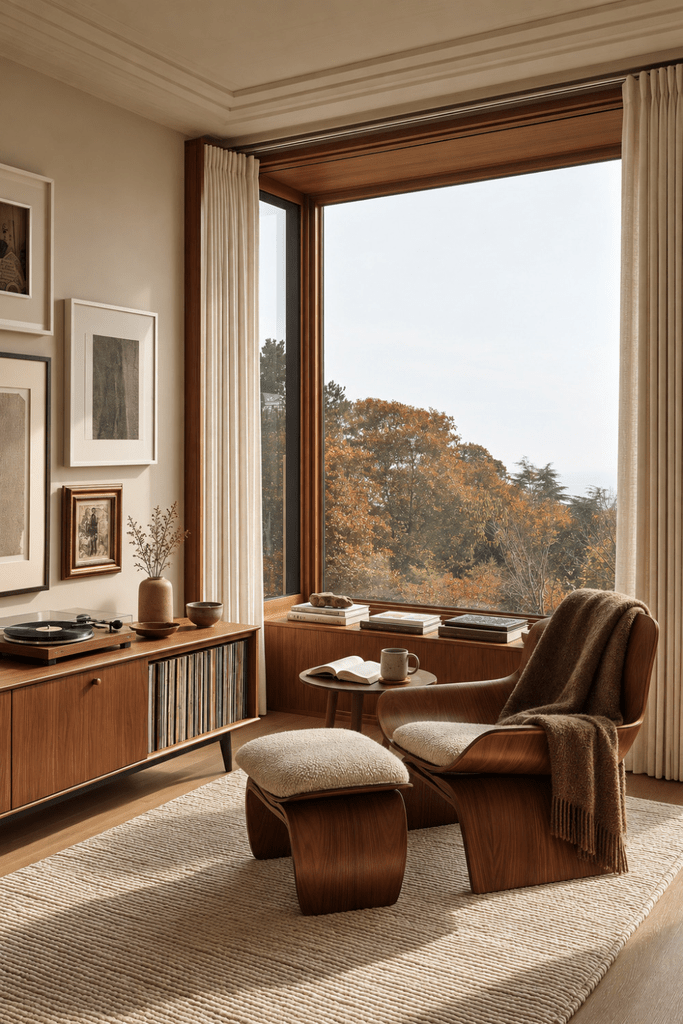 Mid-Century Modern listening room with walnut record cabinet, lounge chair and ottoman, personal artwork, books, and autumn views.