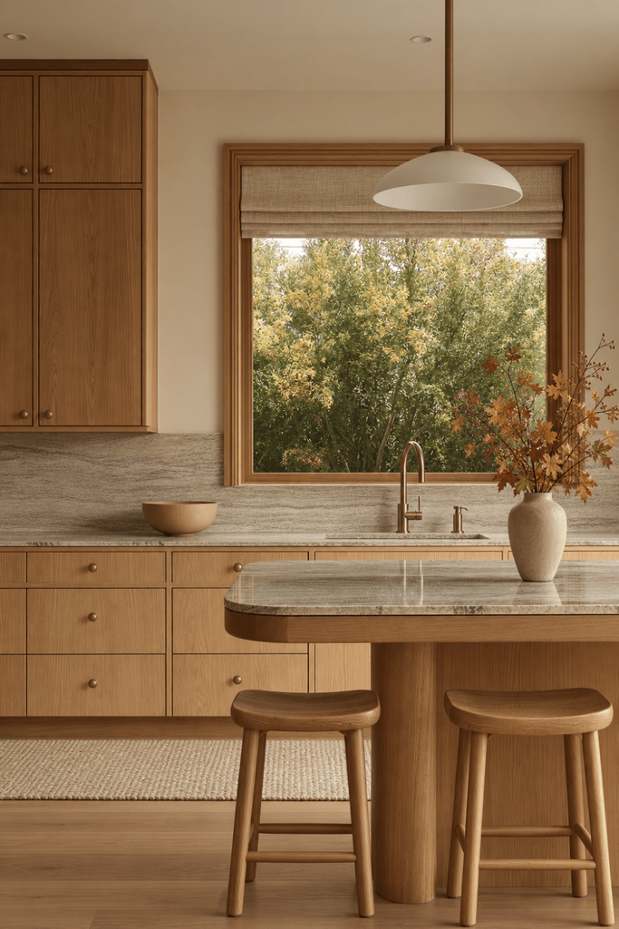 Organic Modern kitchen with white oak cabinetry, stone countertops, linen Roman shade, wood stools, and autumn stems.