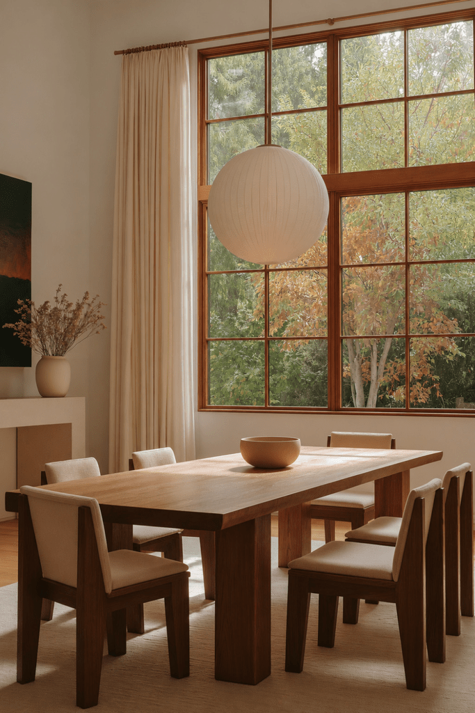 Organic Modern dining room with solid wood table, linen dining chairs, paper pendant light, and large windows overlooking autumn trees.
