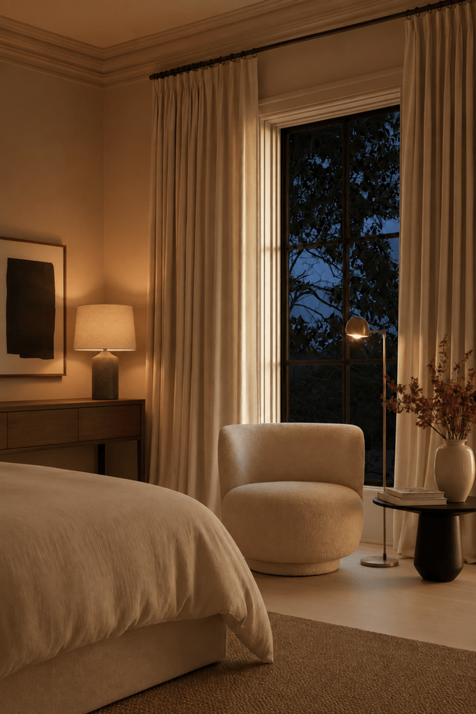 Neutral bedroom at blue hour with glowing console lamp, brass floor lamp, boucle chair, linen curtains, and warm layered lighting.