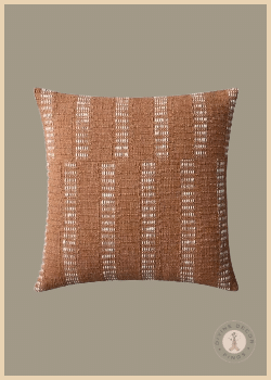 Loloi PLL-0135 square accent pillow featuring broken ivory stripes against a textured rust-colored woven fabric.