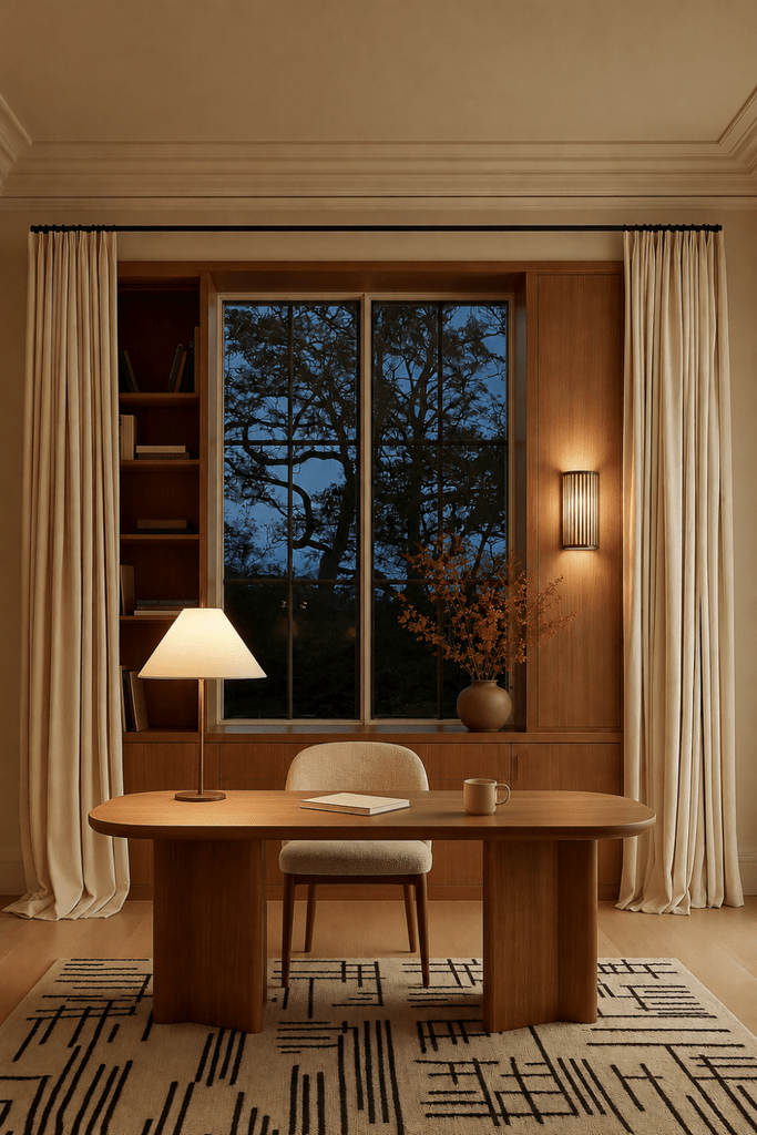 Warm home office at dusk with walnut desk, table lamp, wall sconce, ivory curtains, built-in shelving, and autumn branches.