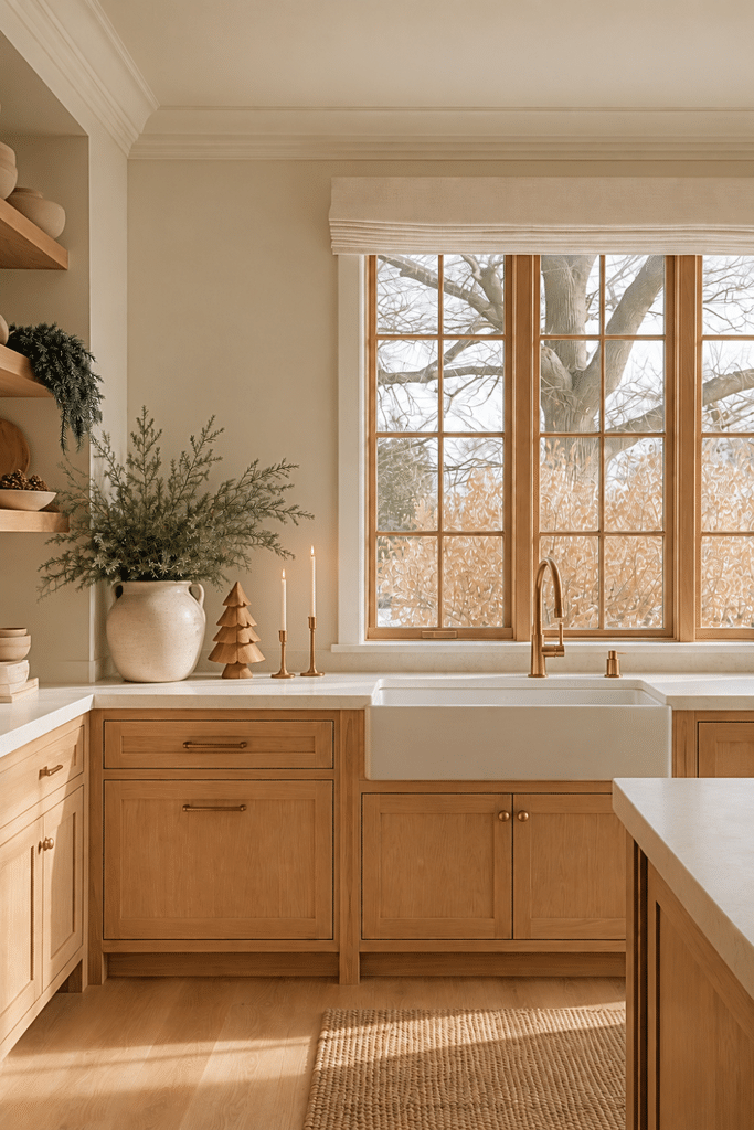 Warm Japandi kitchen with white oak cabinetry, farmhouse sink, evergreen branches, brass taper candles, and minimal Christmas decor.