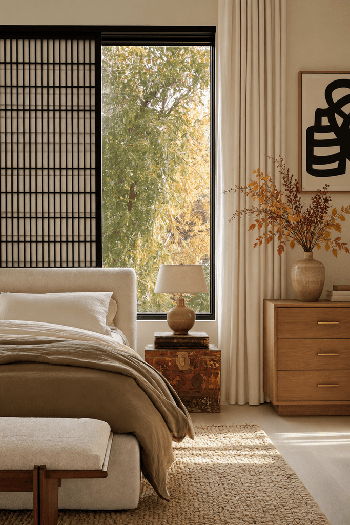 Japandi bedroom with olive bedding, vintage trunk nightstand, walnut dresser, abstract artwork, and autumn branches.